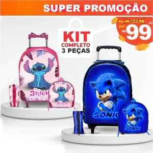 Mochila Escolar rodinha + Lancheira + Estojo – Menino – Menina